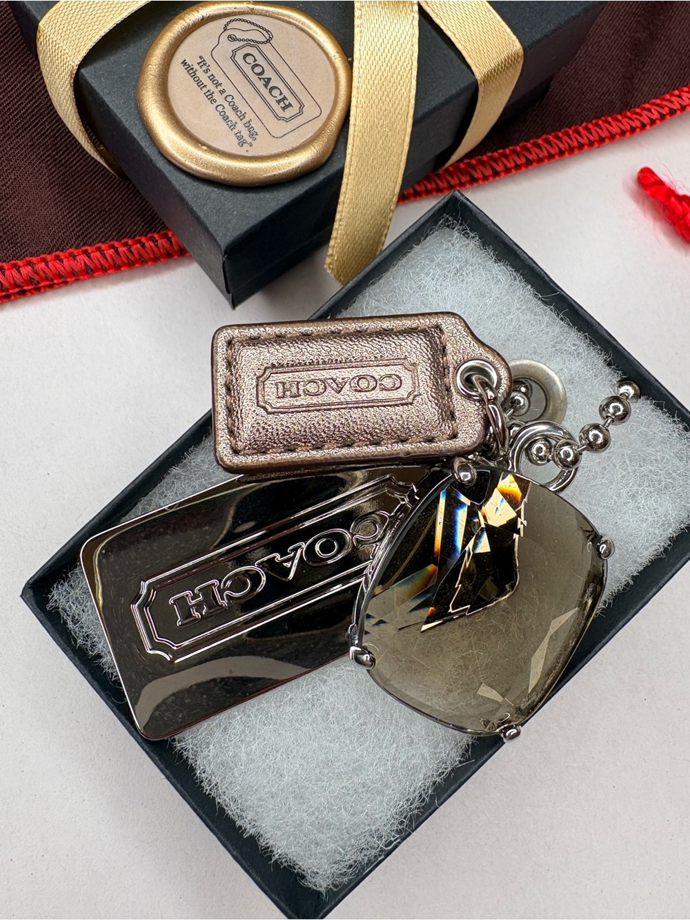 💎 𝑅𝑎𝑟𝑒 Coach Jewel Cluster Bag Charm Metal Leather Crystal Hang Tag Y2K VTG Fob